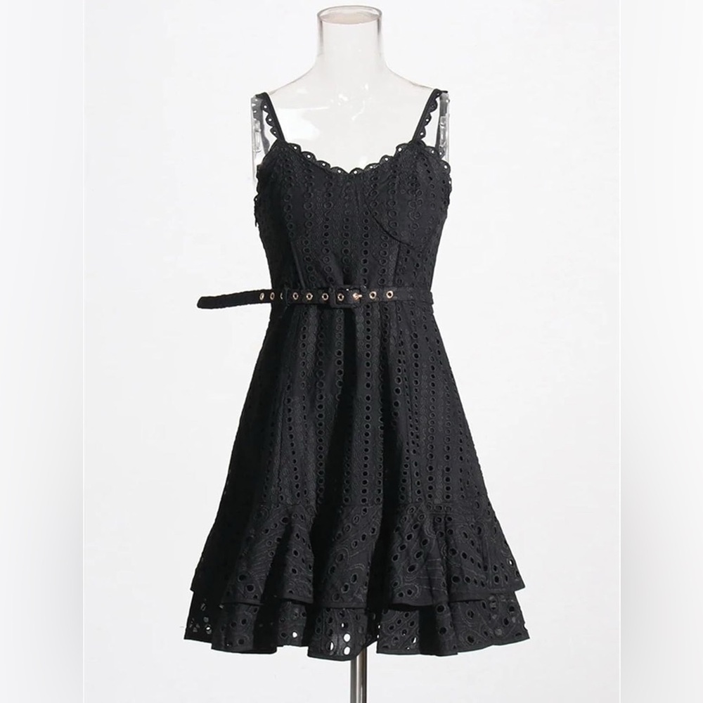 Sleeveless Black Dress Eyelet with Belt